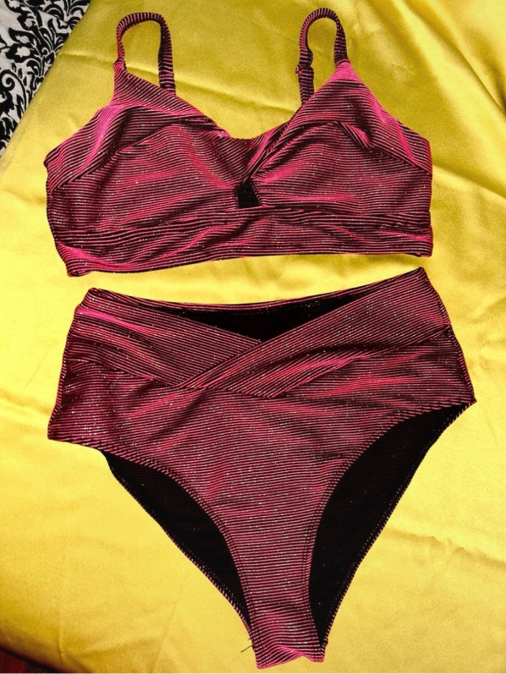New. Two-Piece High-Waist Bikini in Shimmery Magenta